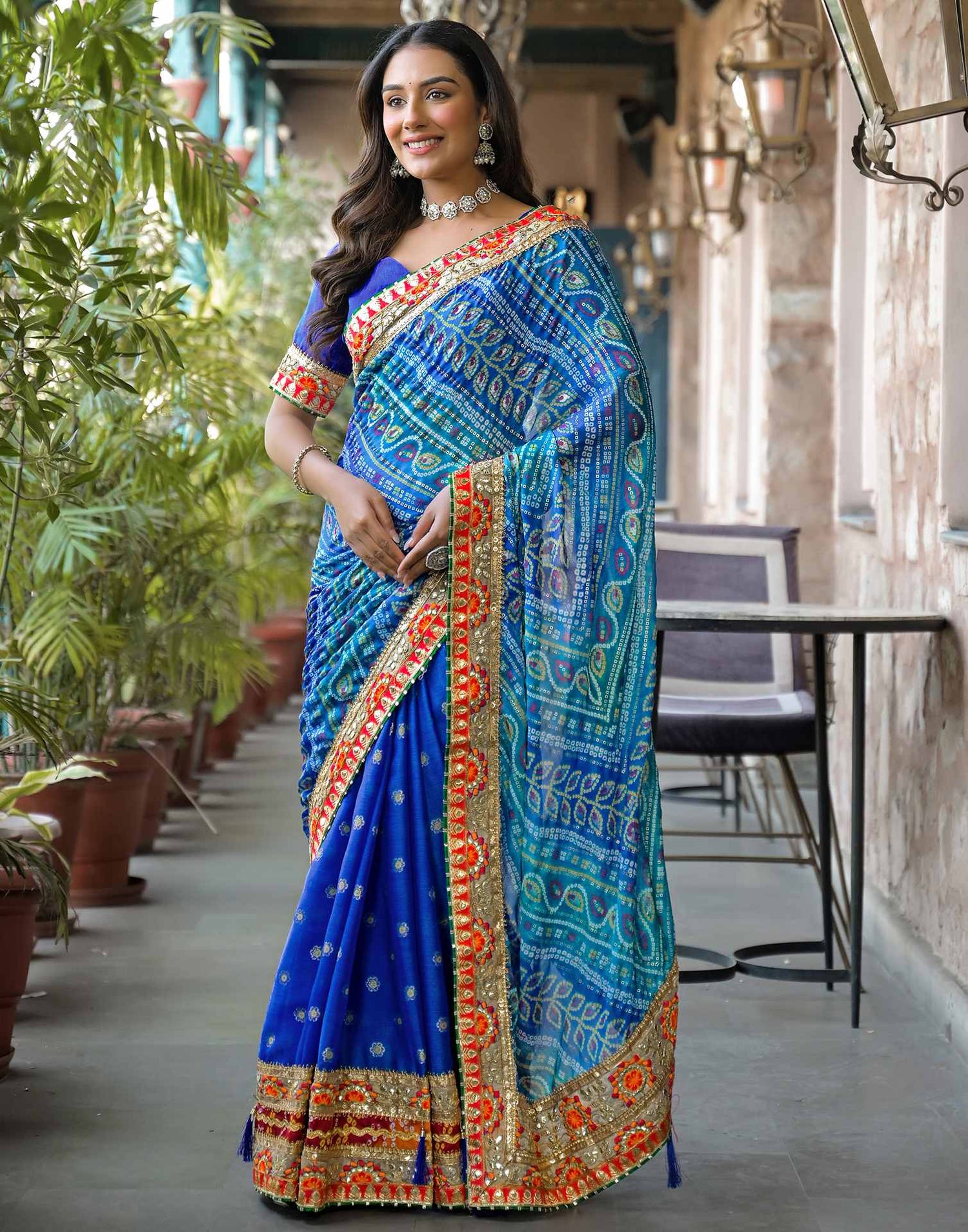 Blue Chiffon Bandhani Printed Lace Saree