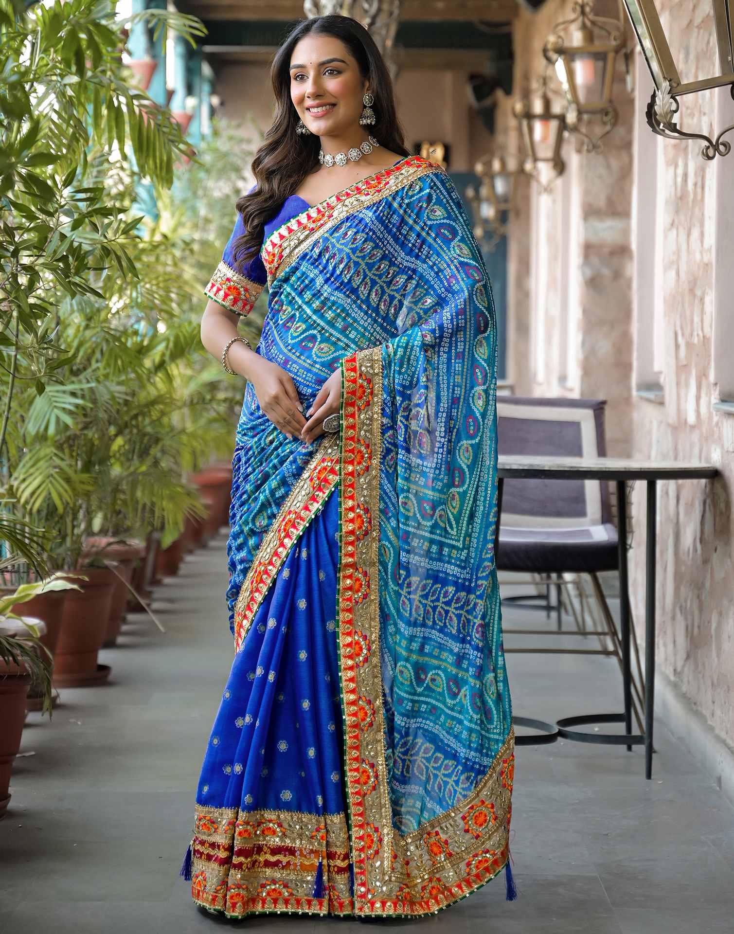 Blue Chiffon Bandhani Printed Lace Saree