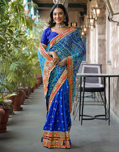 Blue Chiffon Bandhani Printed Lace Saree