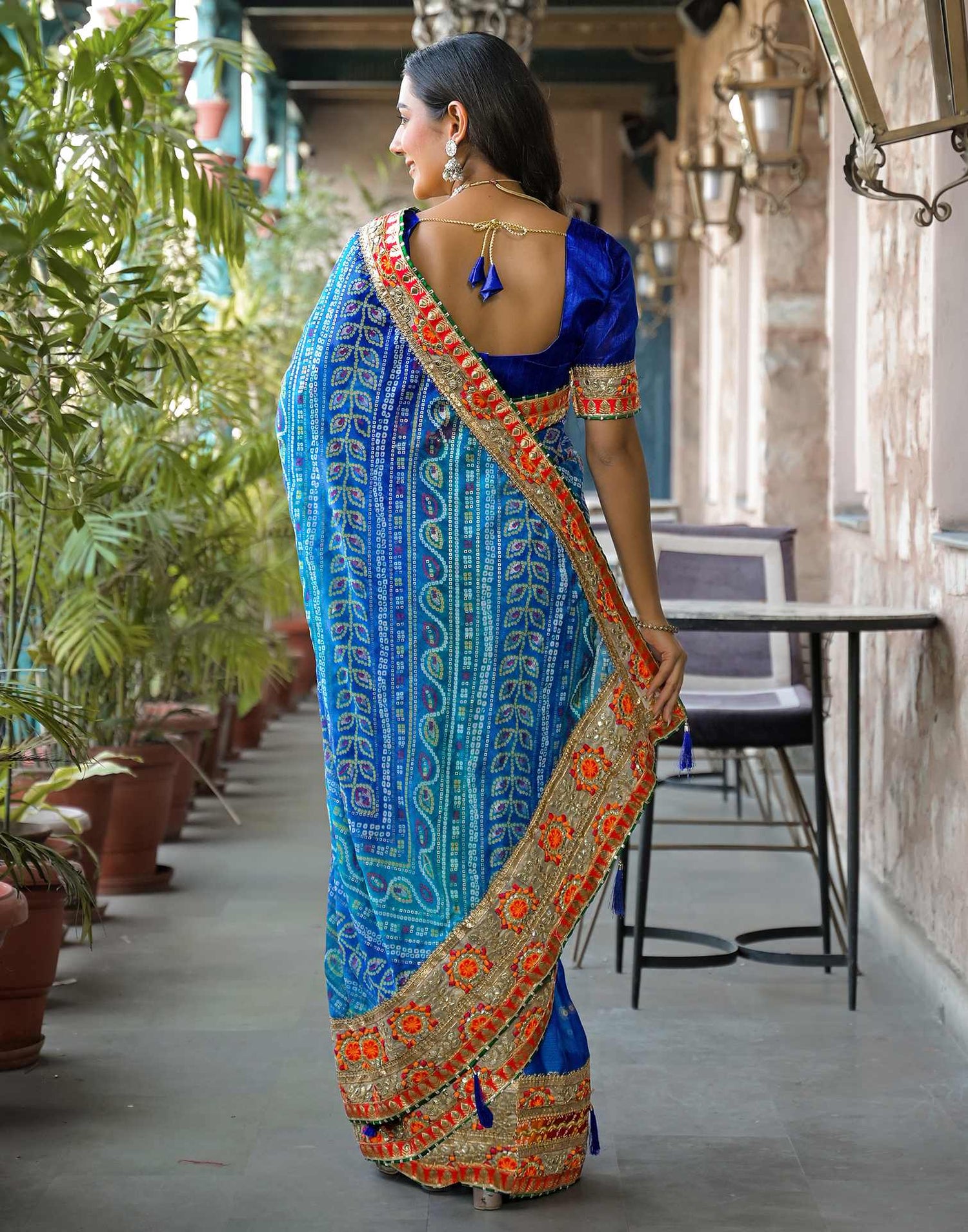 Blue Chiffon Bandhani Printed Lace Saree