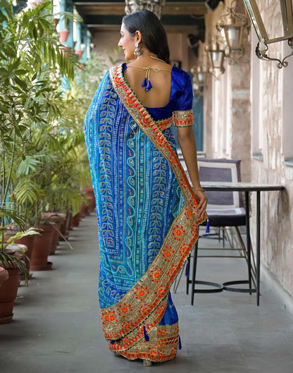 Blue Chiffon Bandhani Printed Lace Saree