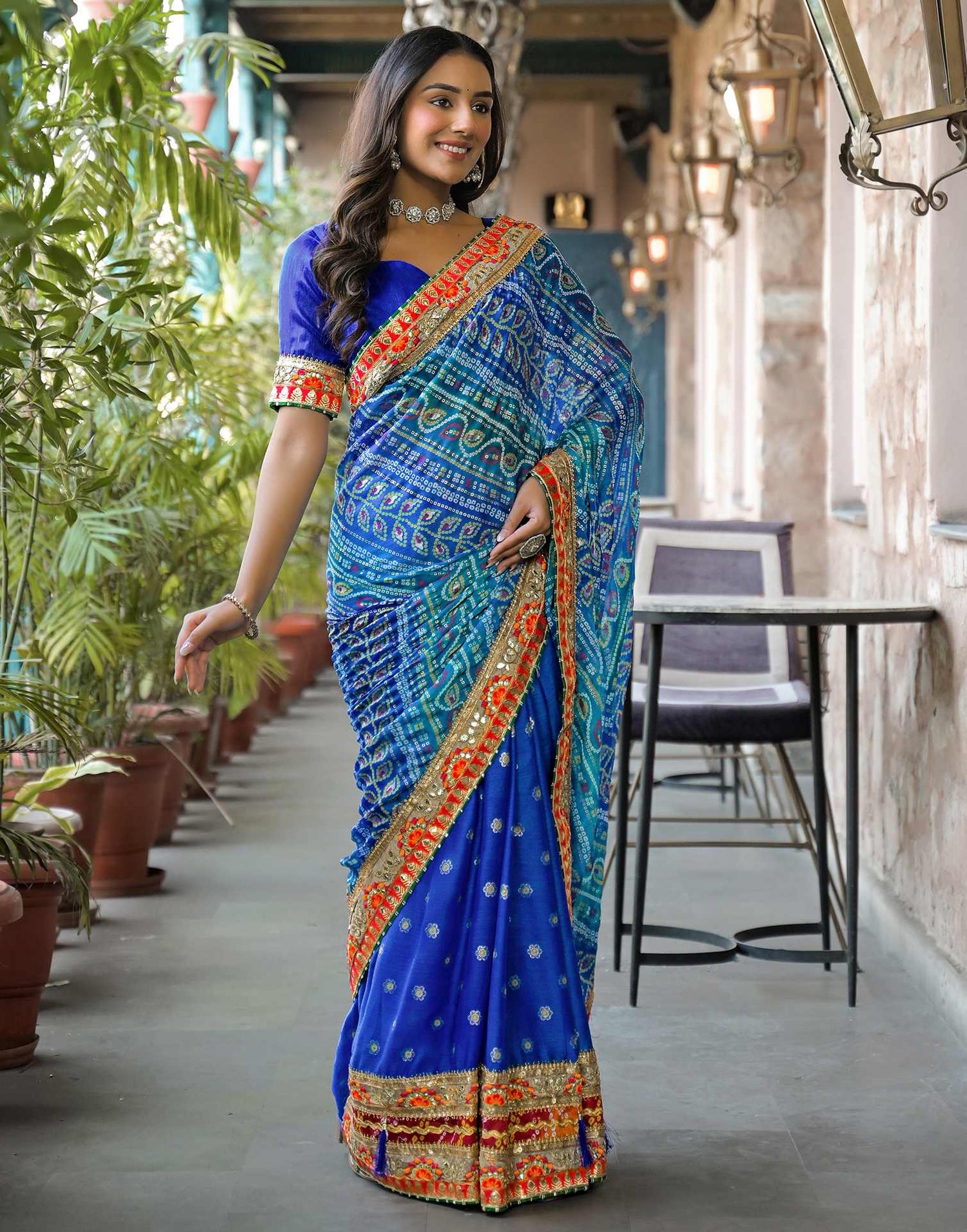 Blue Chiffon Bandhani Printed Lace Saree
