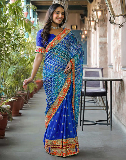 Blue Chiffon Bandhani Printed Lace Saree