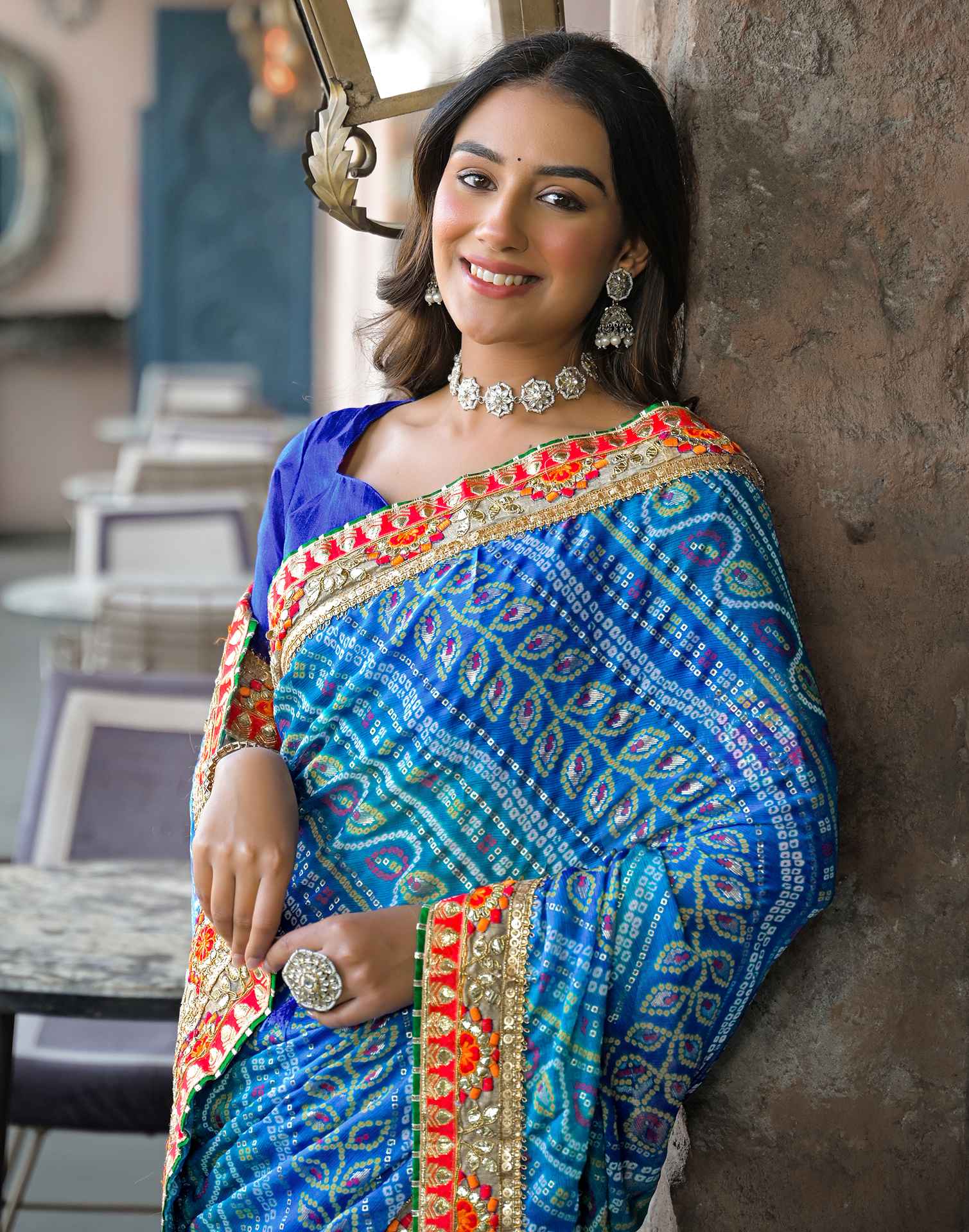 Blue Chiffon Bandhani Printed Lace Saree