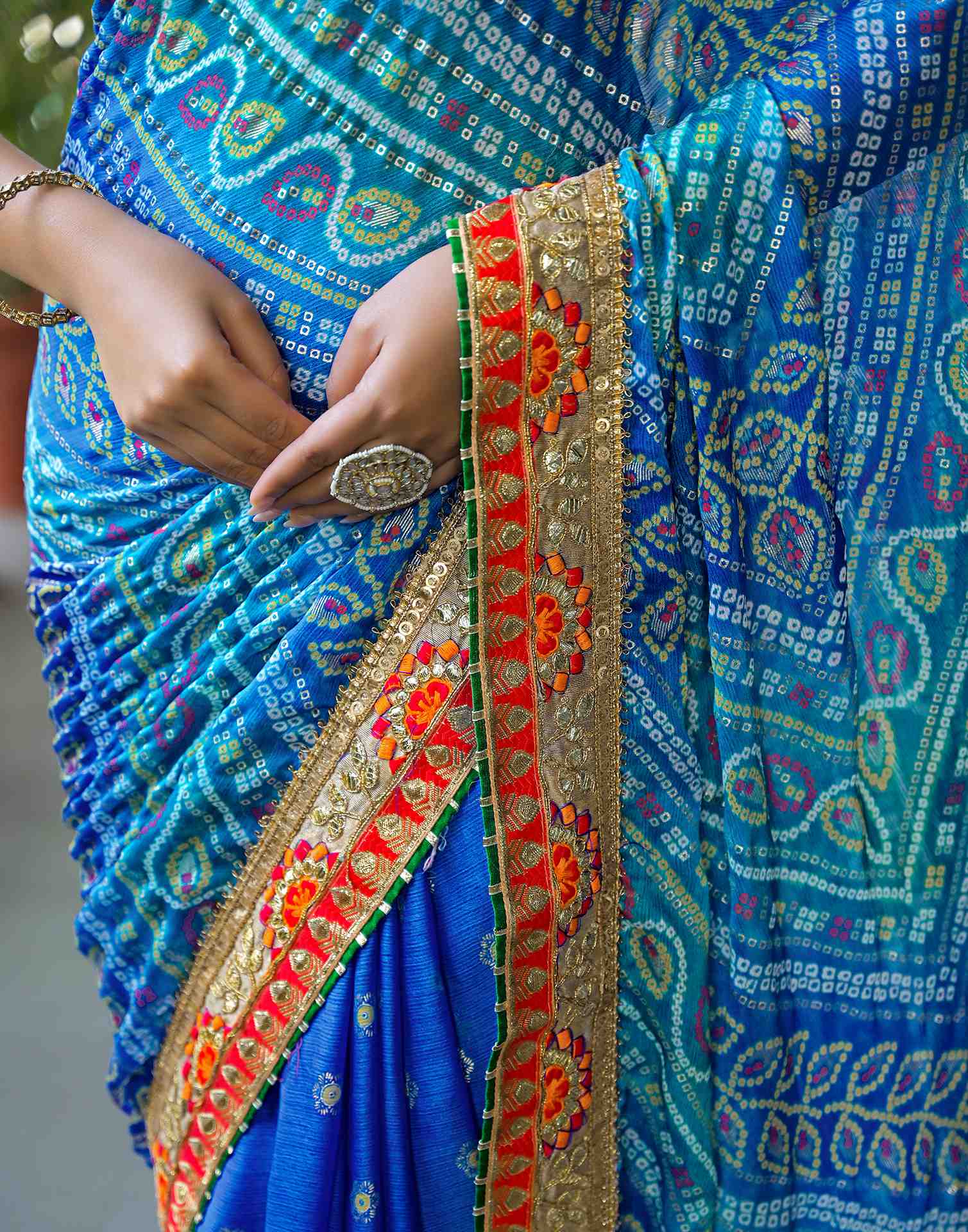 Blue Chiffon Bandhani Printed Lace Saree