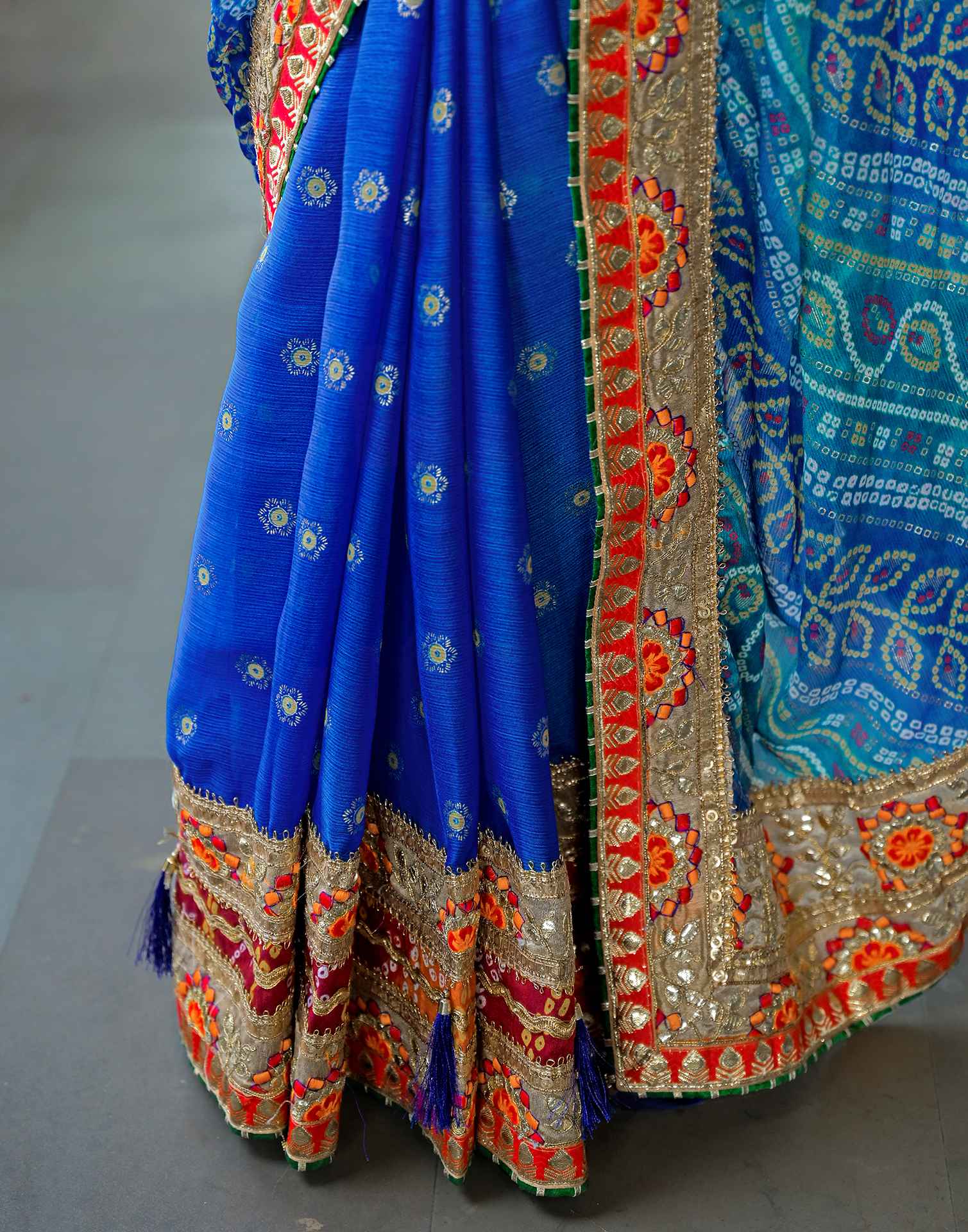 Blue Chiffon Bandhani Printed Lace Saree