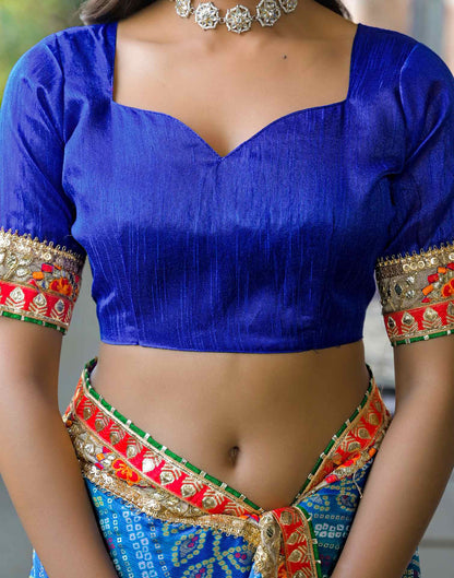 Blue Chiffon Bandhani Printed Lace Saree