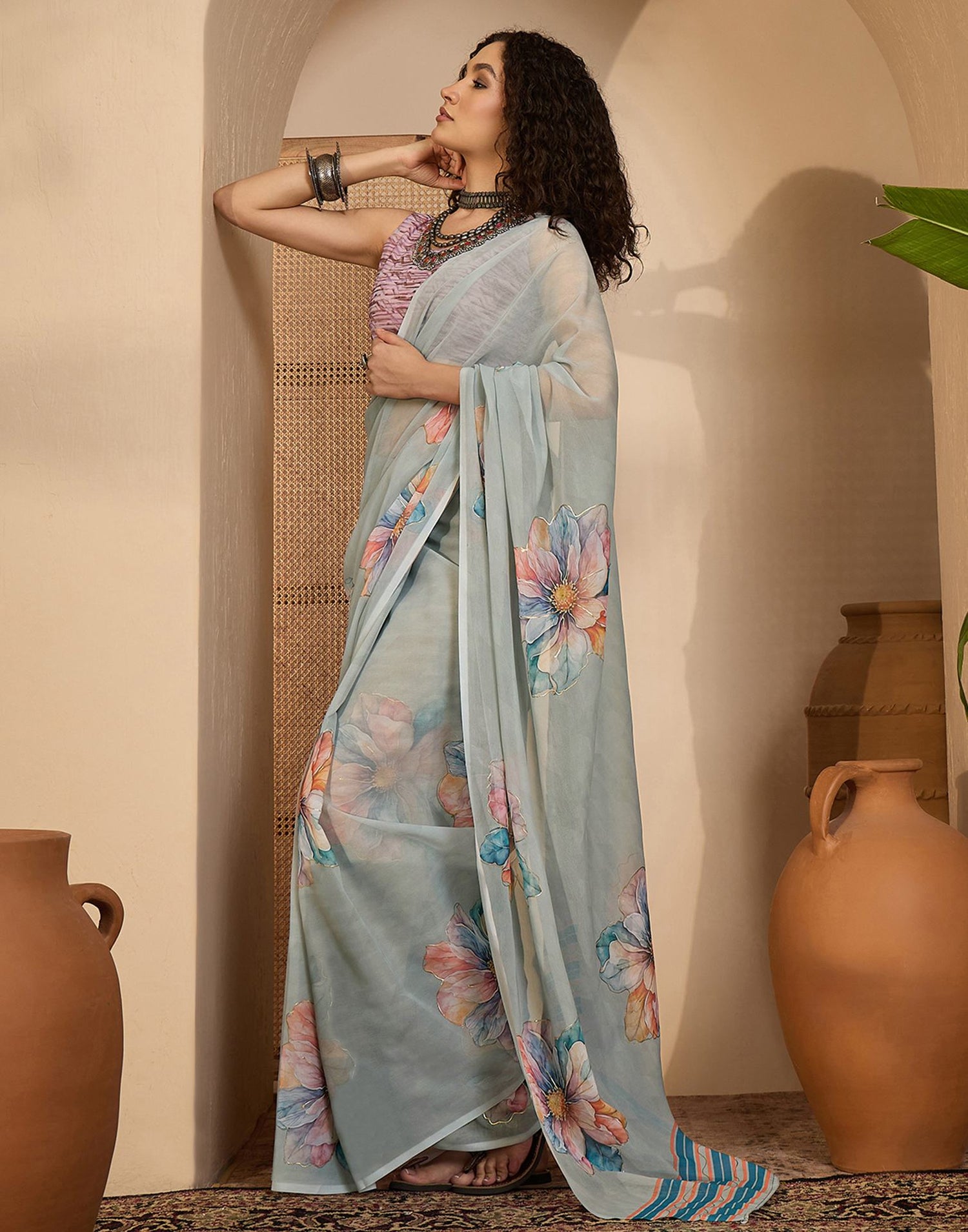 Grey Georgette Floral Printed Saree