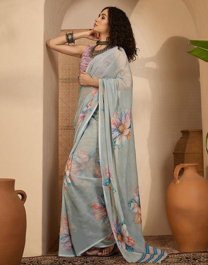 Grey Georgette Floral Printed Saree