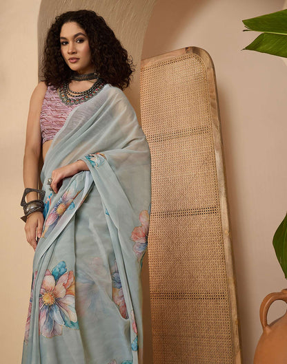 Grey Georgette Floral Printed Saree