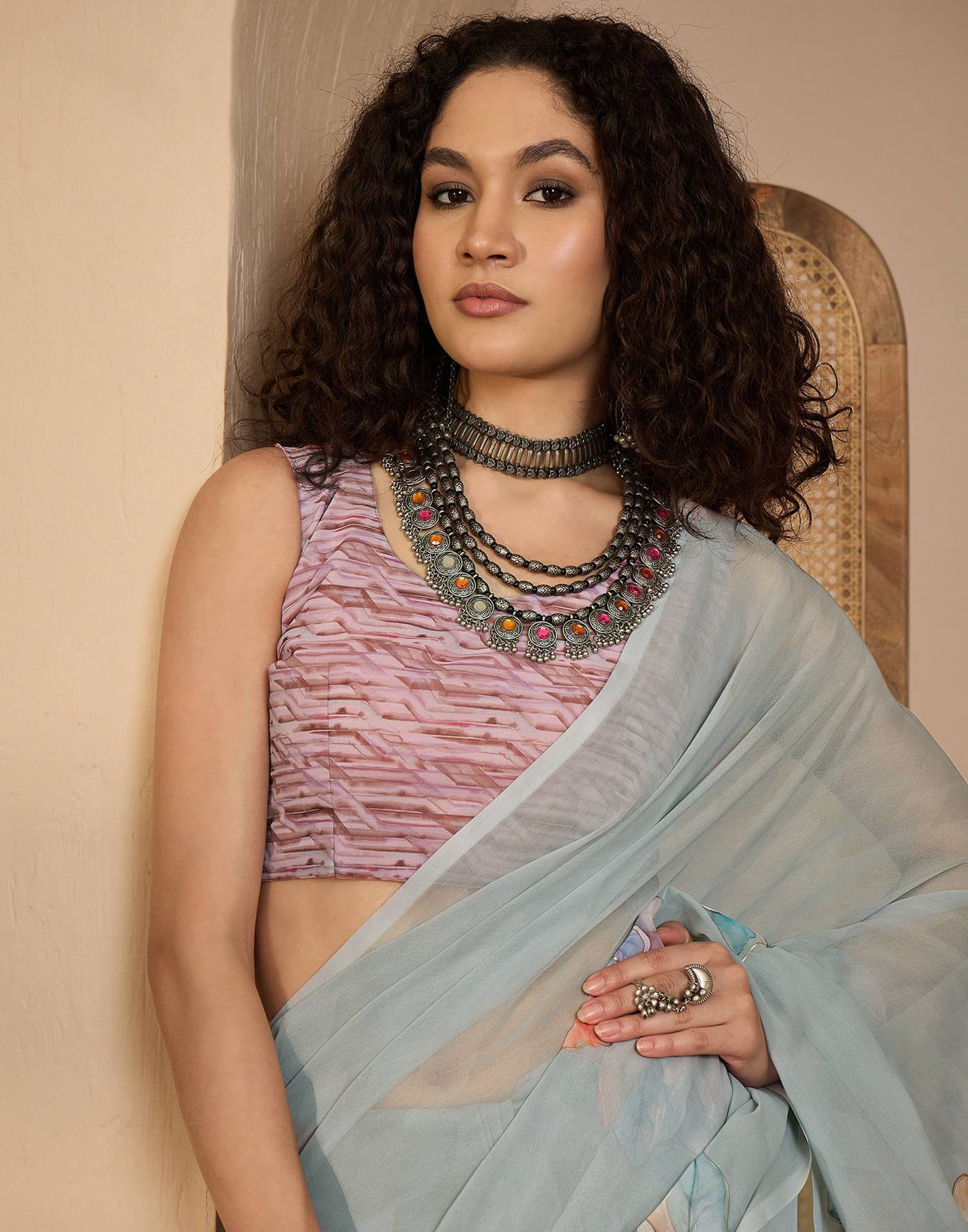 Grey Georgette Floral Printed Saree
