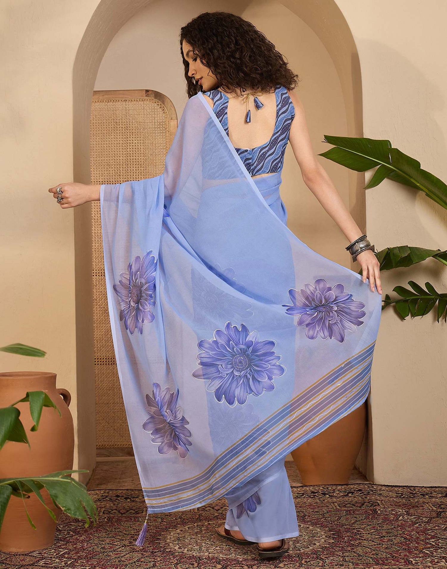 Light Blue Georgette Floral Printed Saree