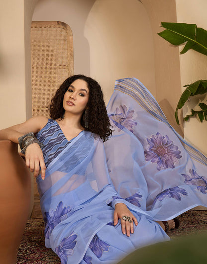 Light Blue Georgette Floral Printed Saree