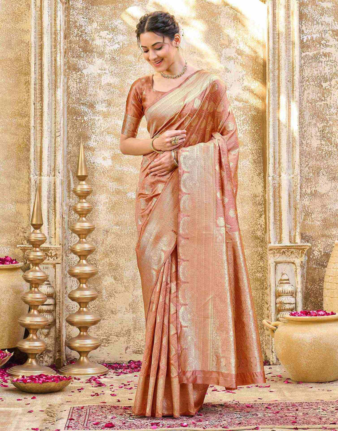 Peach Silk Woven Banarasi Saree