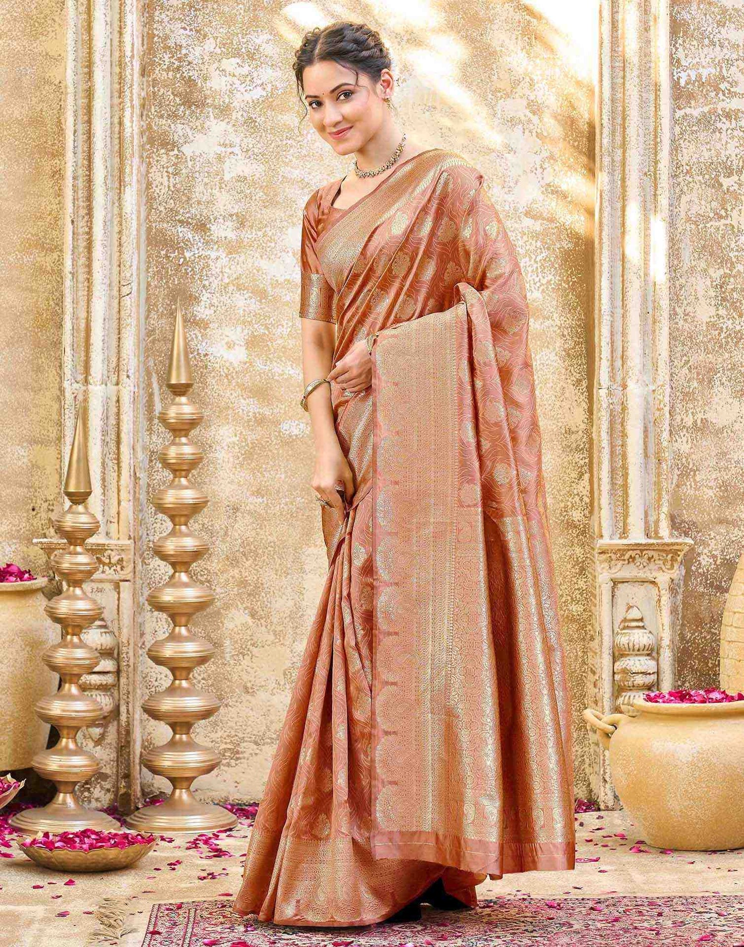 Peach Silk Woven Banarasi Saree