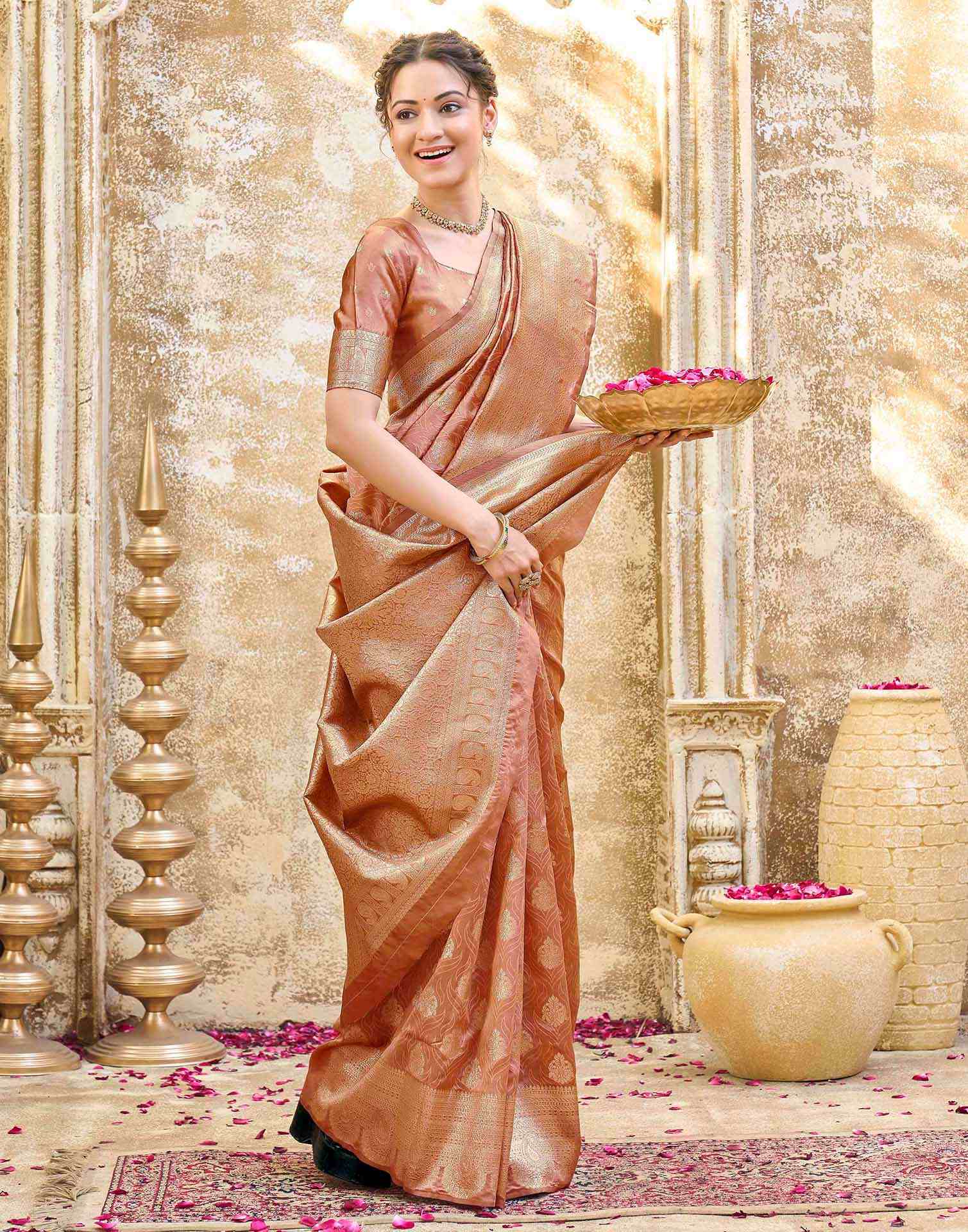 Peach Silk Woven Banarasi Saree