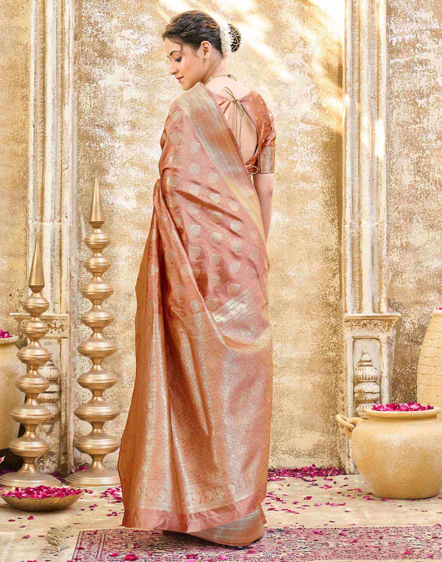 Peach Silk Woven Banarasi Saree