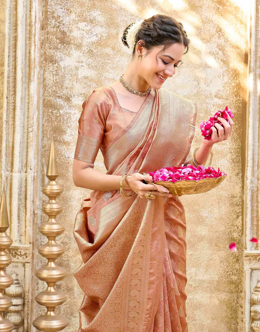 Peach Silk Woven Banarasi Saree