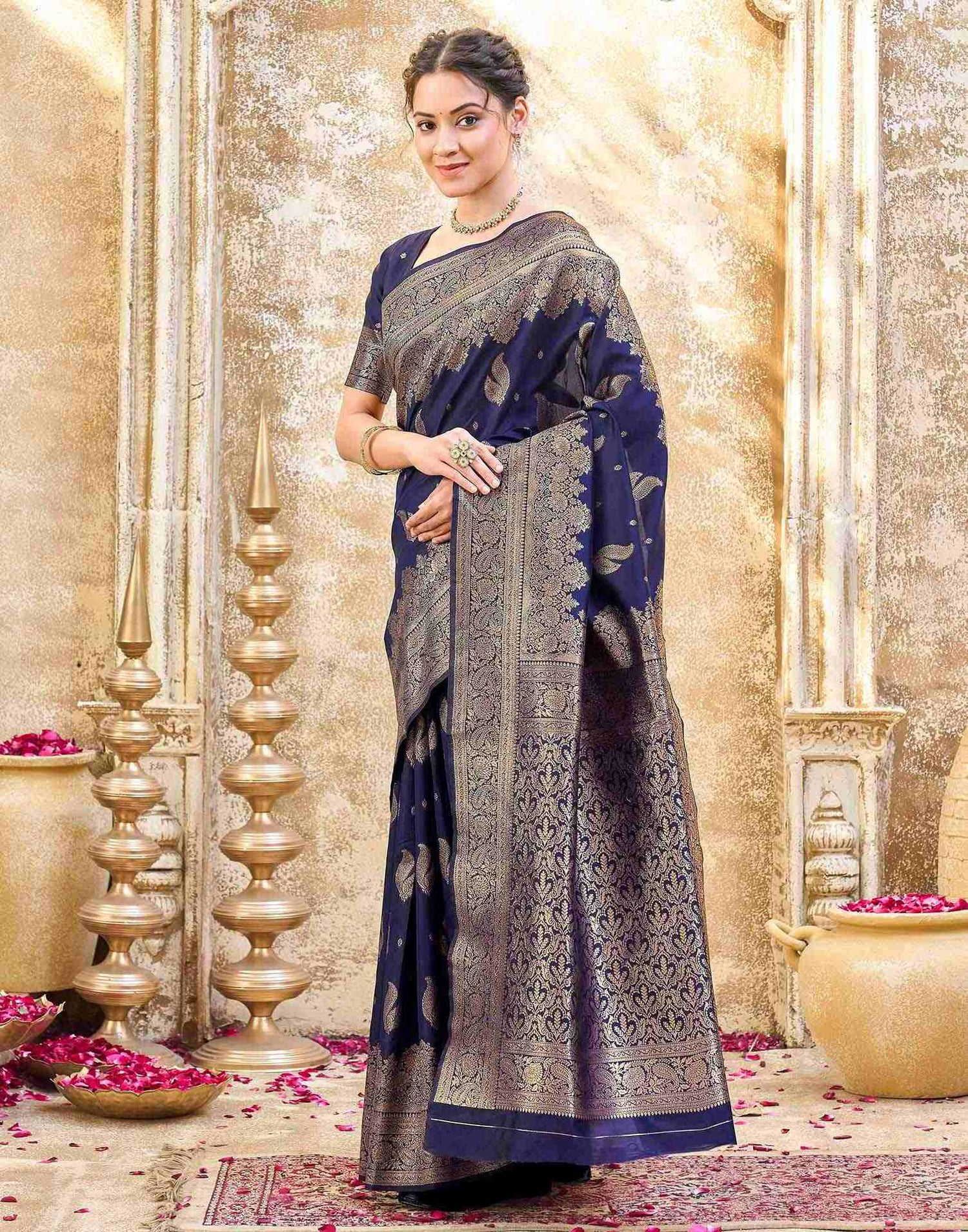 Navy Blue Silk Woven Banarasi Saree