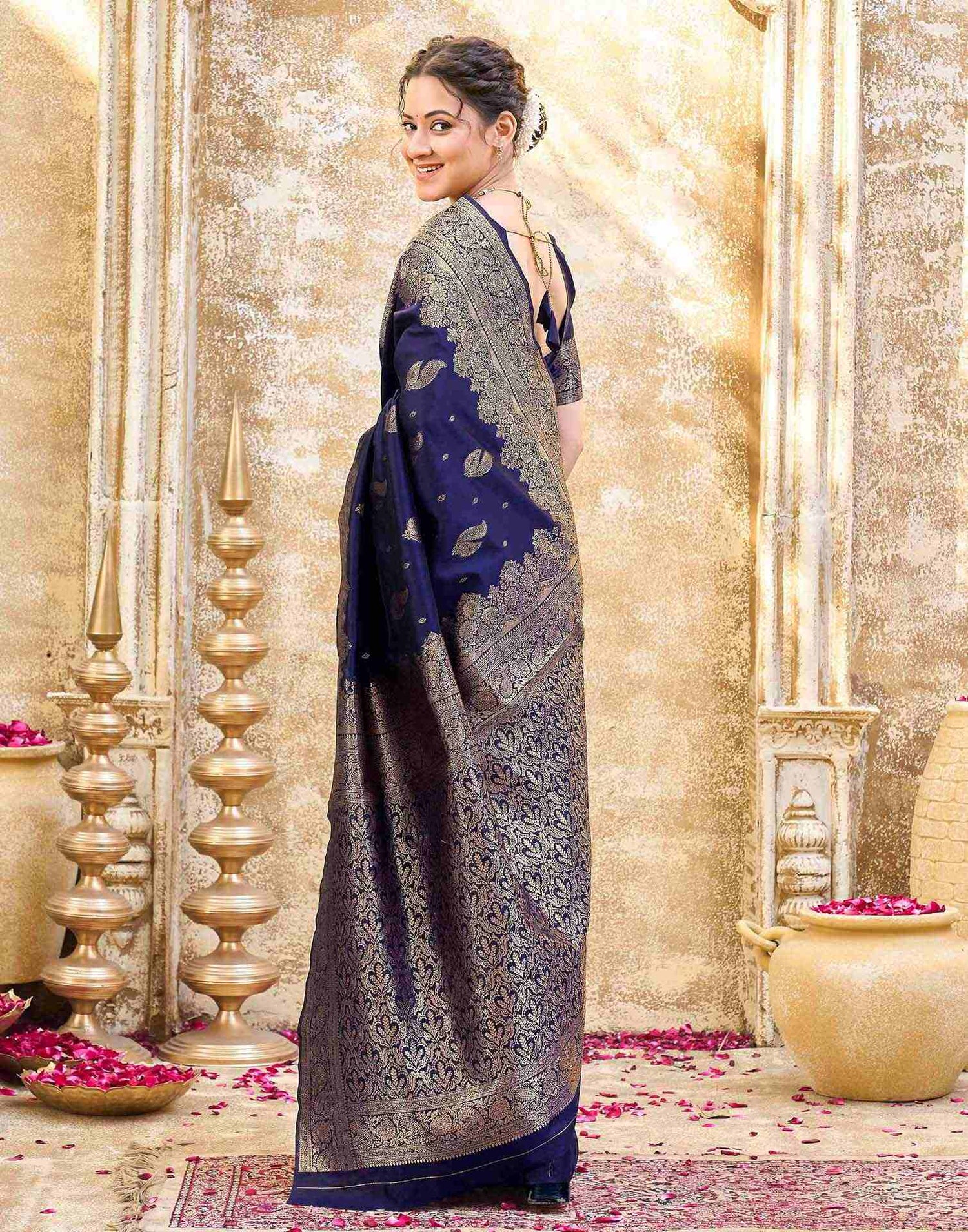 Navy Blue Silk Woven Banarasi Saree