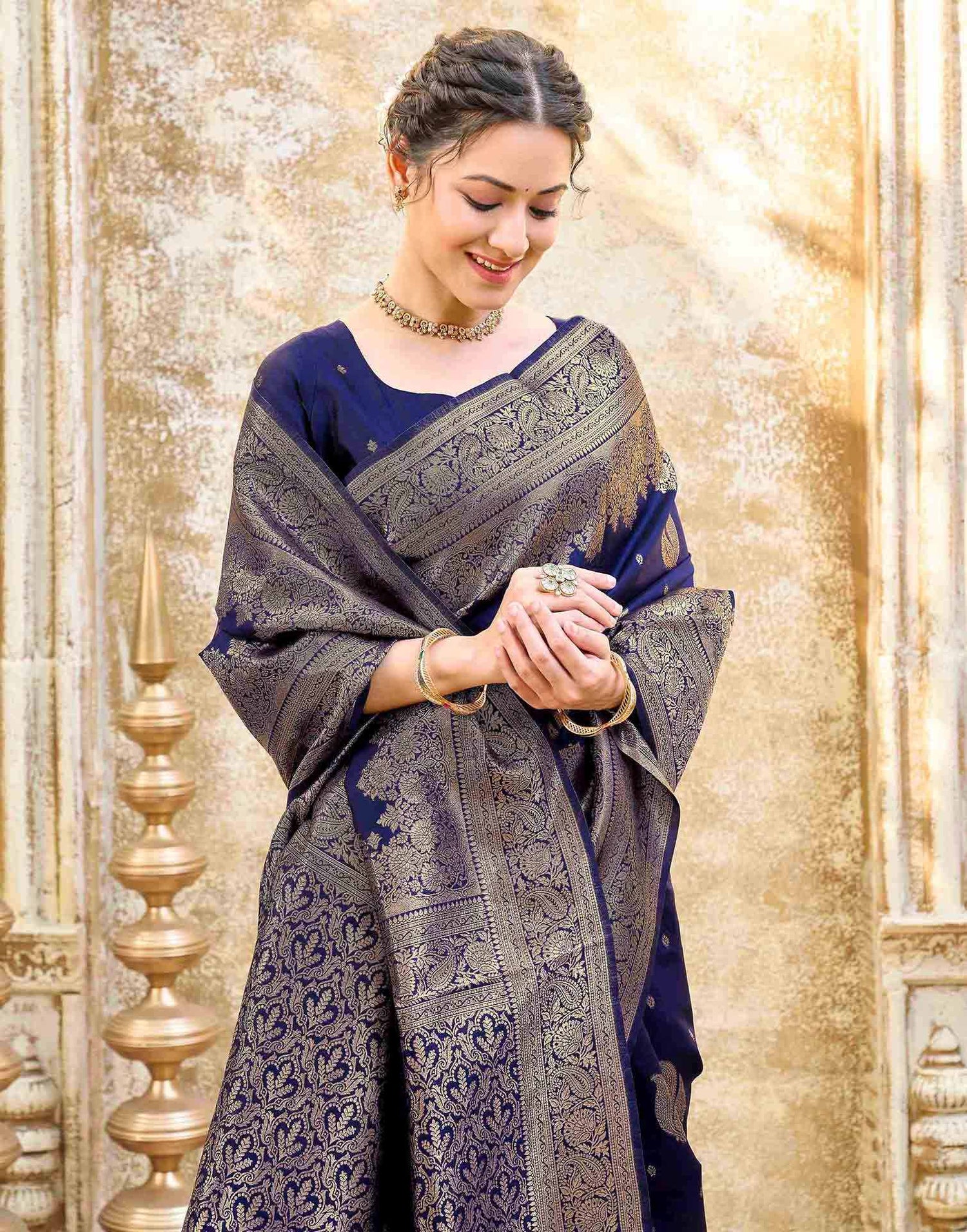 Navy Blue Silk Woven Banarasi Saree