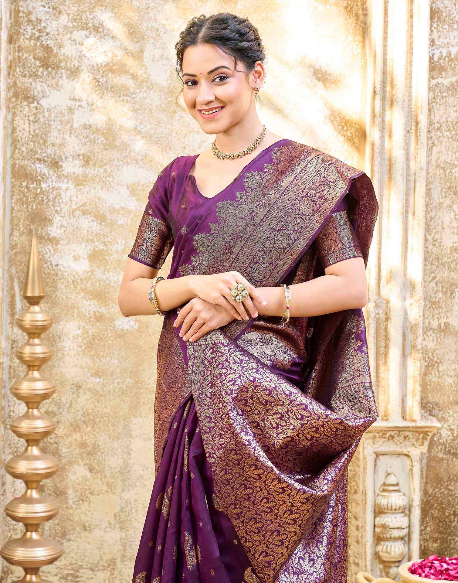 Dark Purple Silk Woven Banarasi Saree