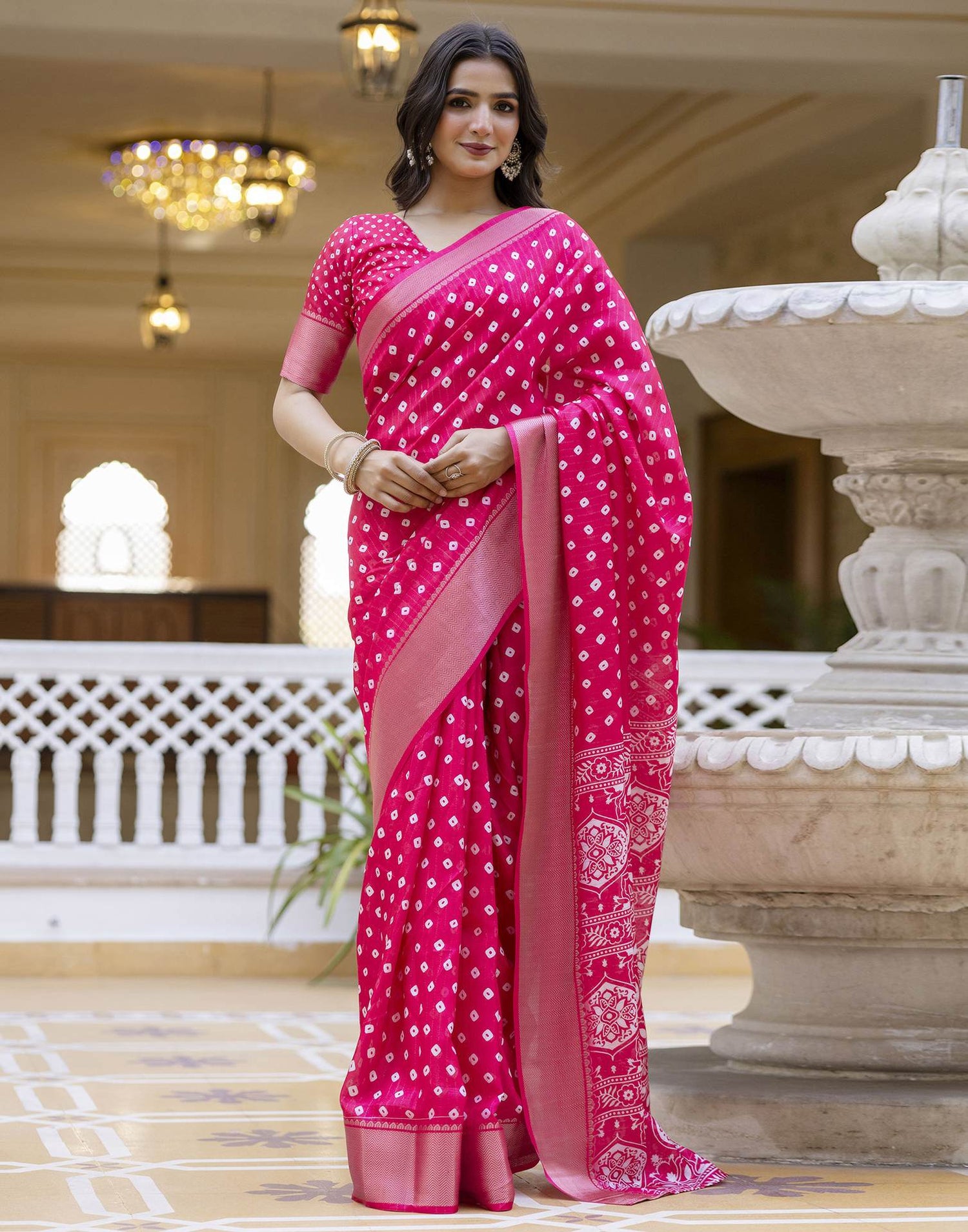 Ready To Wear Pink Dola Silk Bandhani Printed Saree