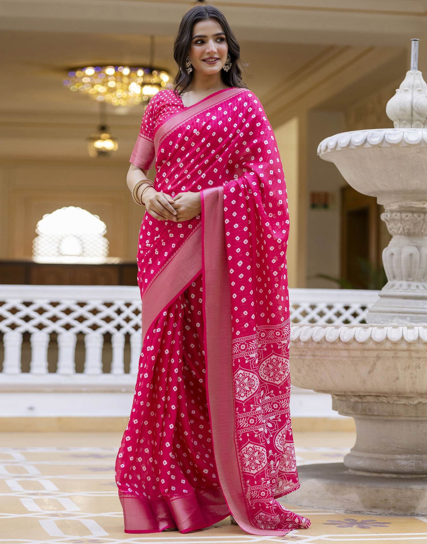 Ready To Wear Pink Dola Silk Bandhani Printed Saree