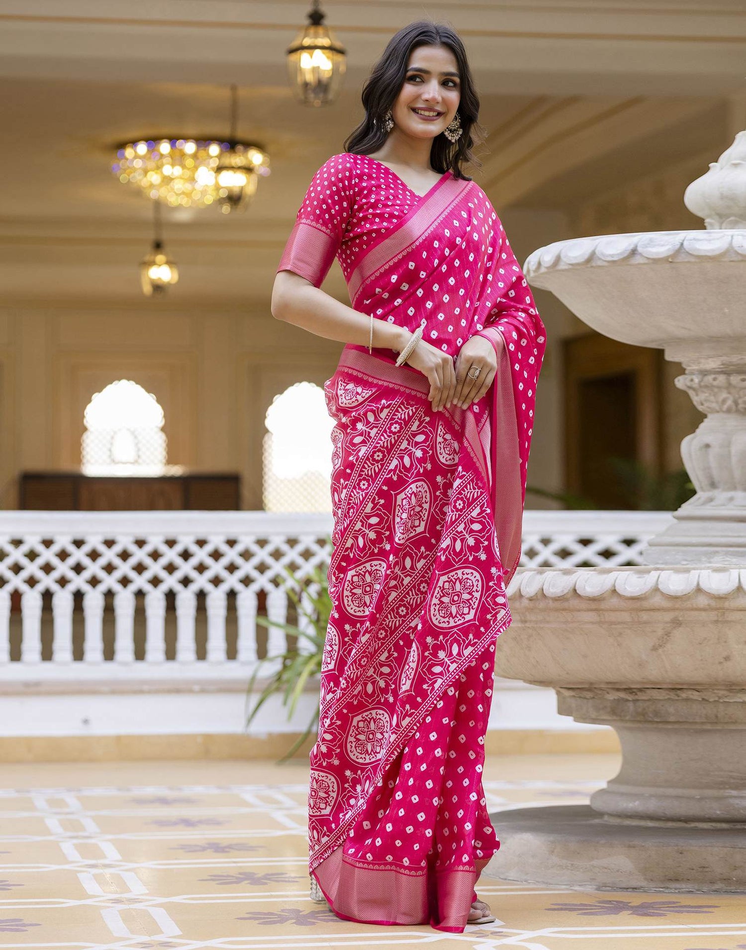 Ready To Wear Pink Dola Silk Bandhani Printed Saree