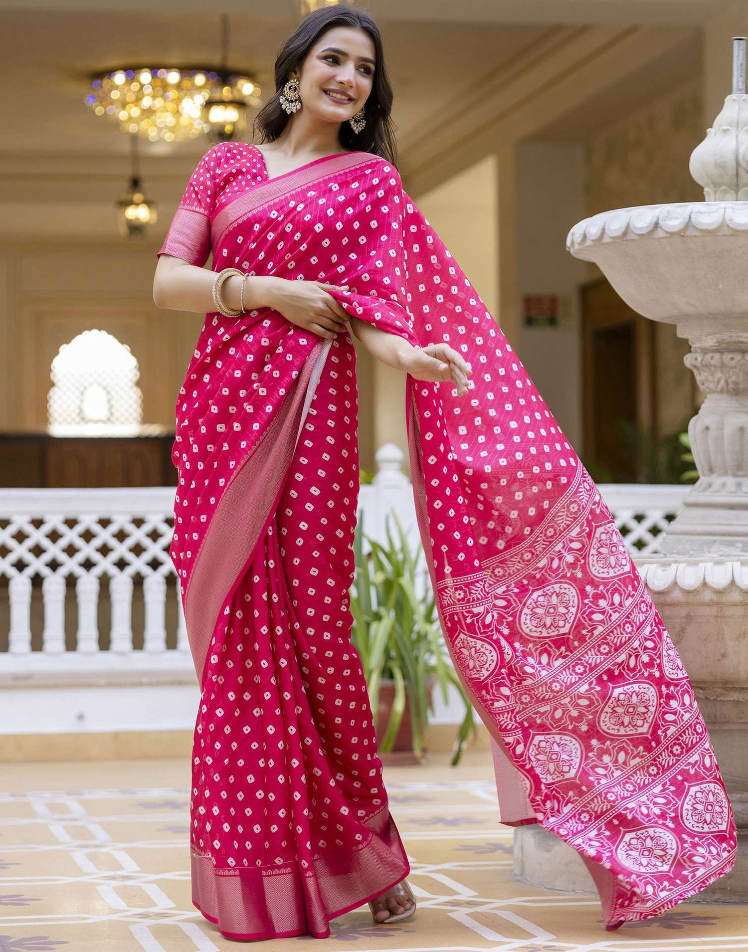 Ready To Wear Pink Dola Silk Bandhani Printed Saree