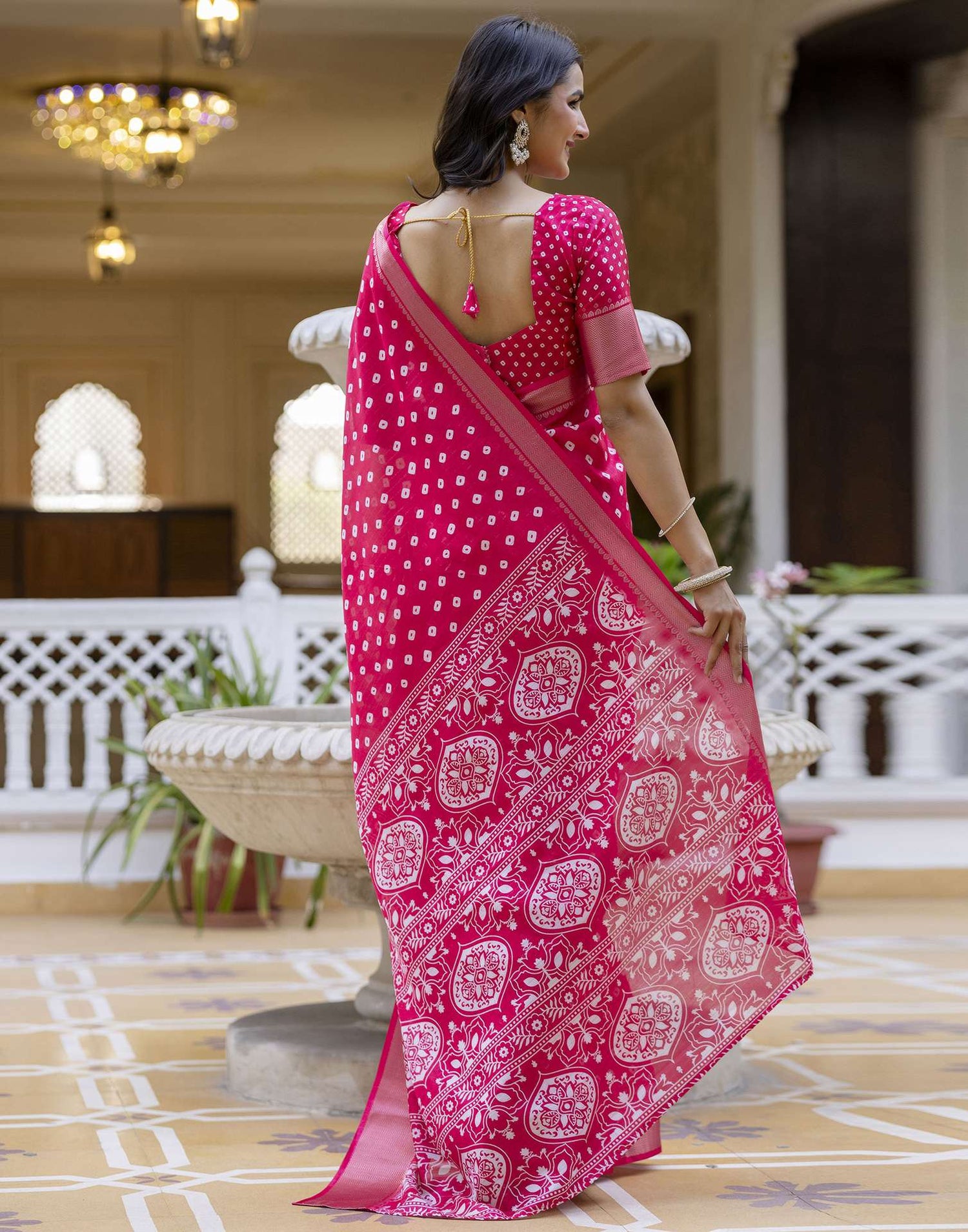 Ready To Wear Pink Dola Silk Bandhani Printed Saree