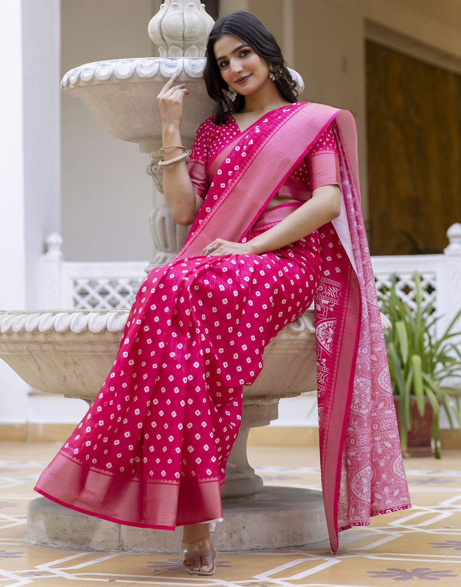 Ready To Wear Pink Dola Silk Bandhani Printed Saree