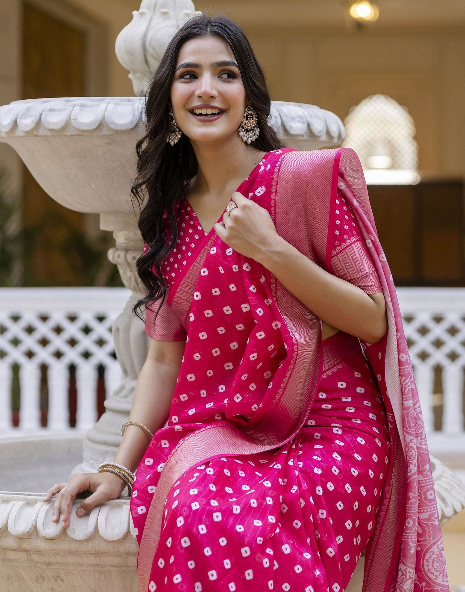 Ready To Wear Pink Dola Silk Bandhani Printed Saree