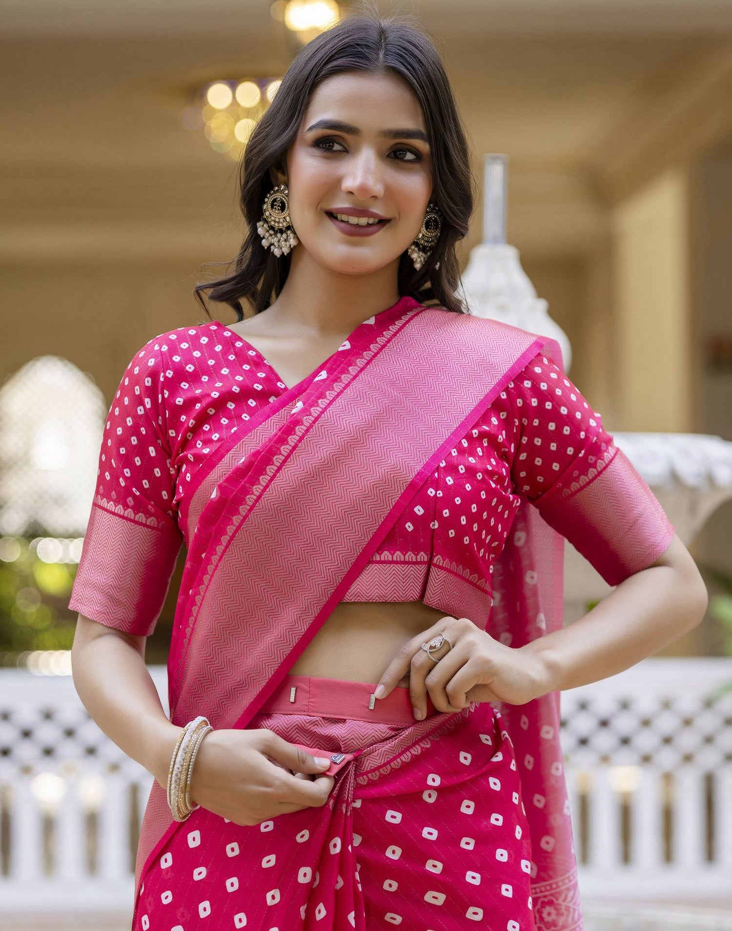 Ready To Wear Pink Dola Silk Bandhani Printed Saree