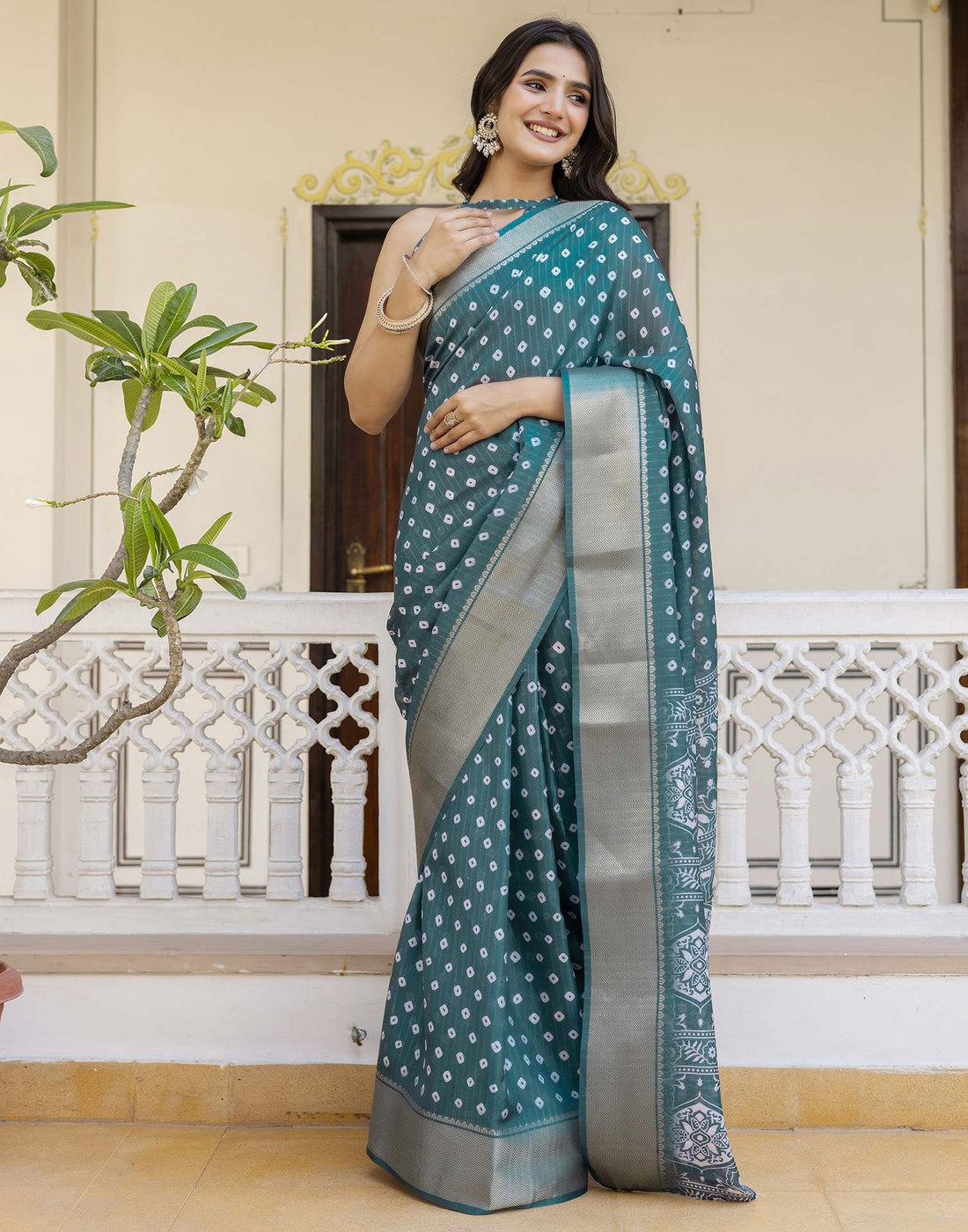 Ready To Wear Rama Green Dola Silk Bandhani Printed Saree