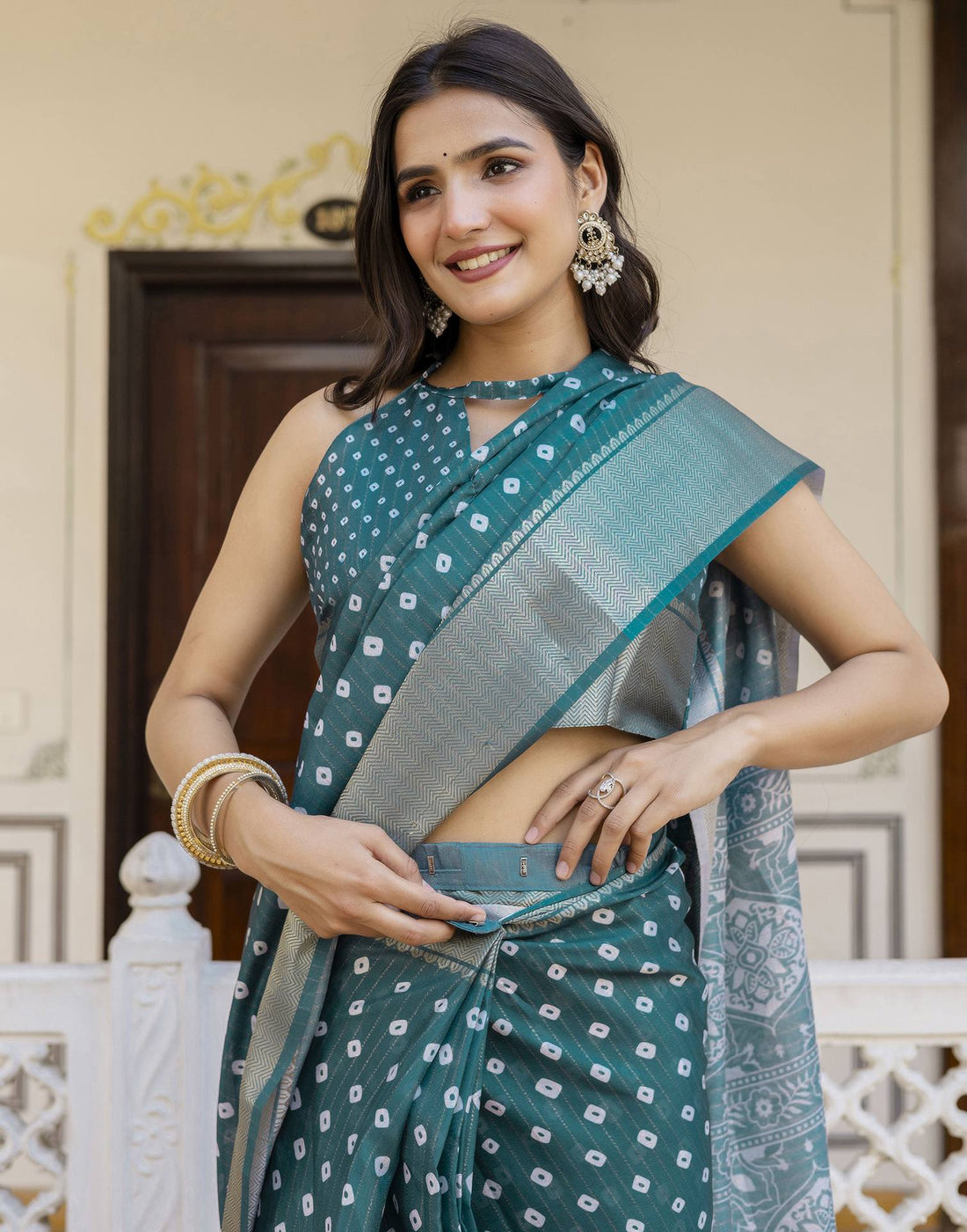 Ready To Wear Rama Green Dola Silk Bandhani Printed Saree
