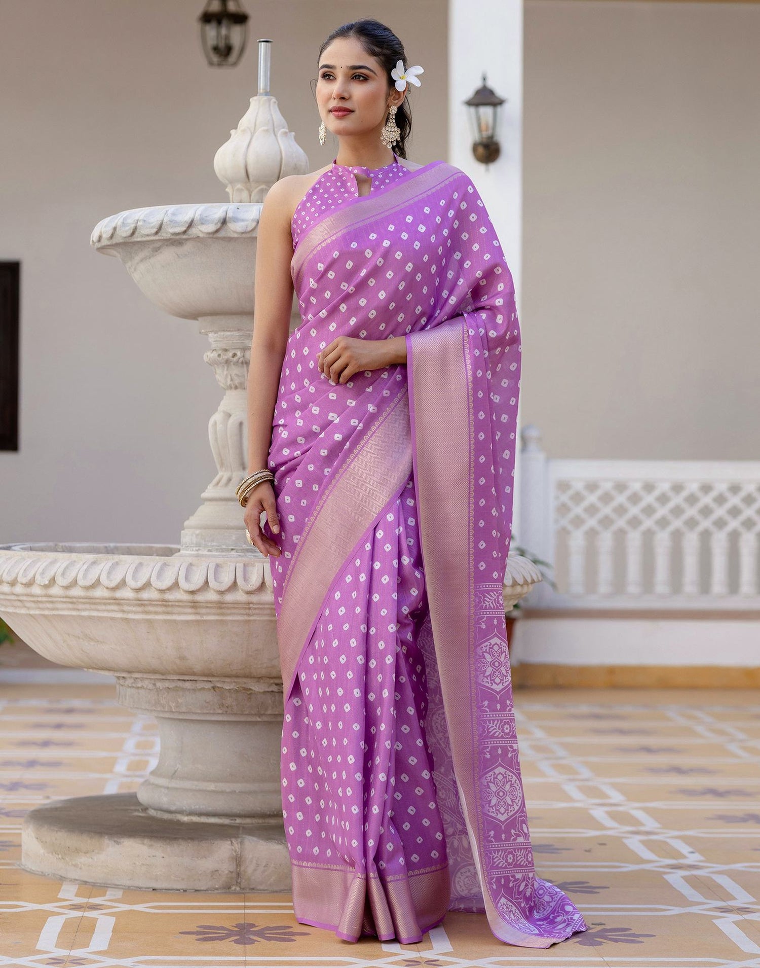 Ready To Wear Light Purple Dola Silk Bandhani Printed Saree