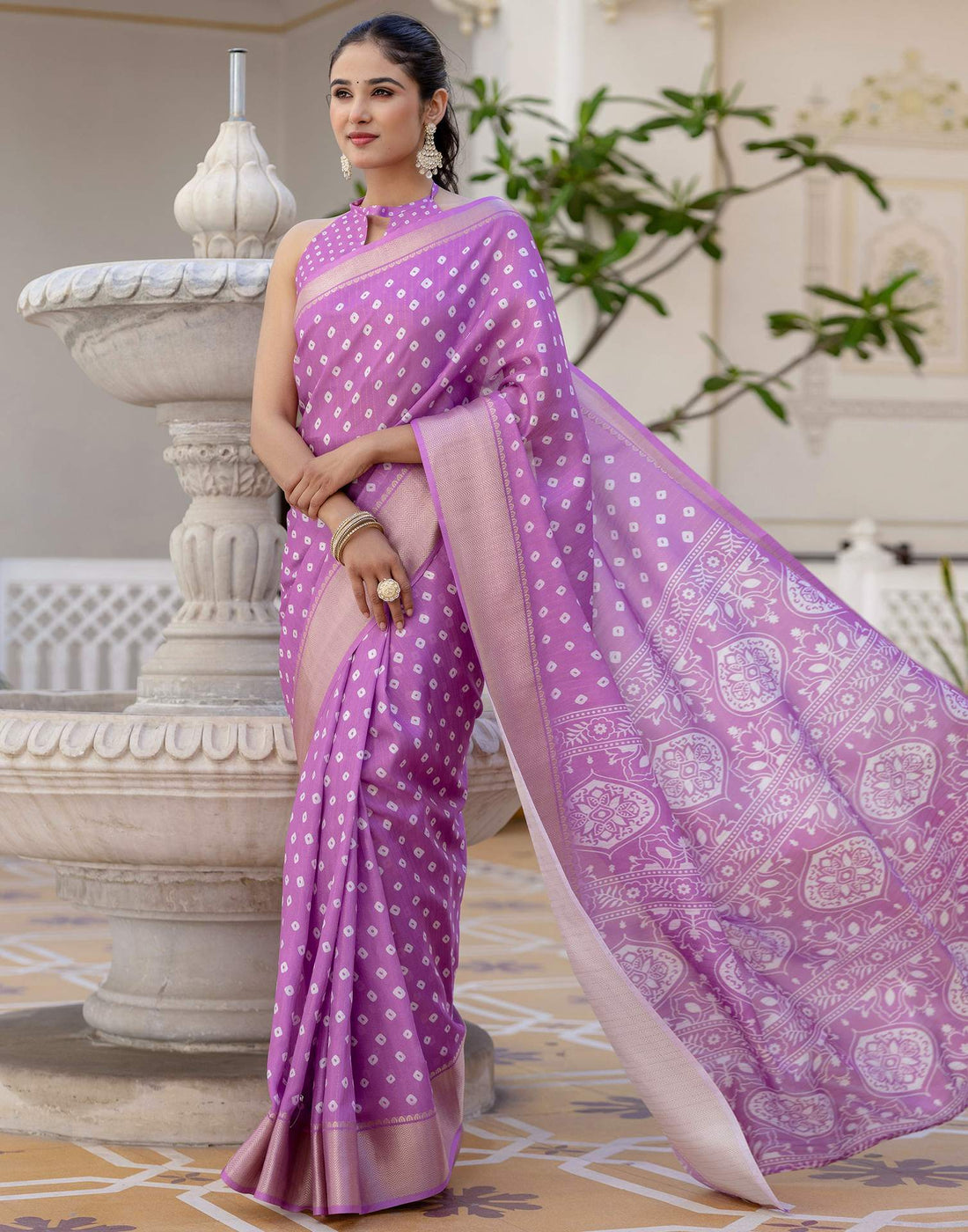 Ready To Wear Light Purple Dola Silk Bandhani Printed Saree