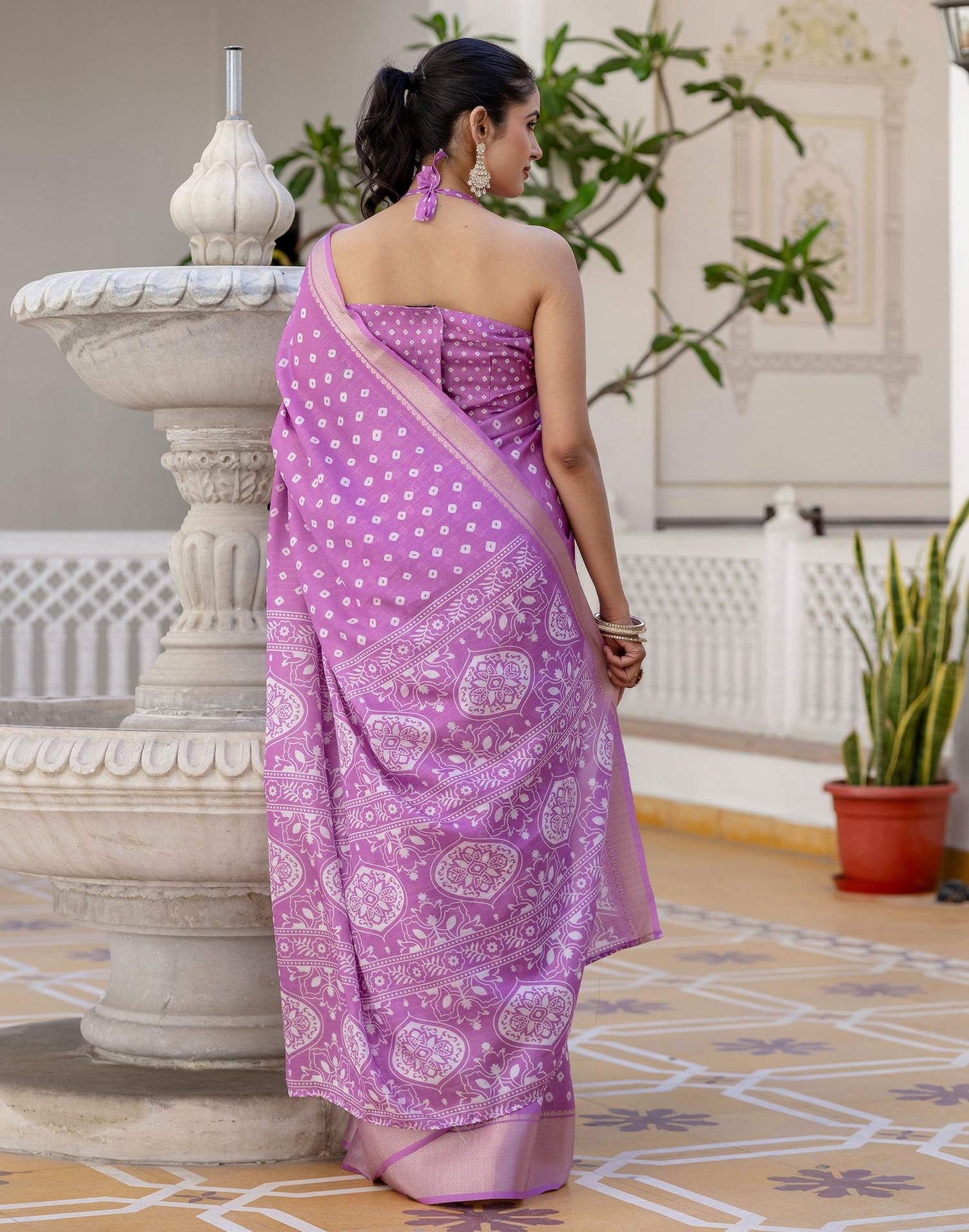 Ready To Wear Light Purple Dola Silk Bandhani Printed Saree