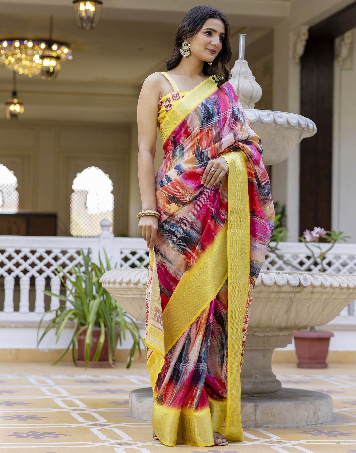 Ready To Wear Multicoloured Dola Silk Printed Saree