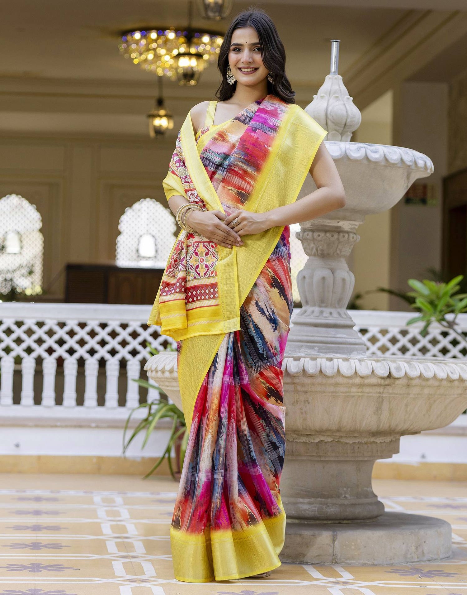 Ready To Wear Multicoloured Dola Silk Printed Saree