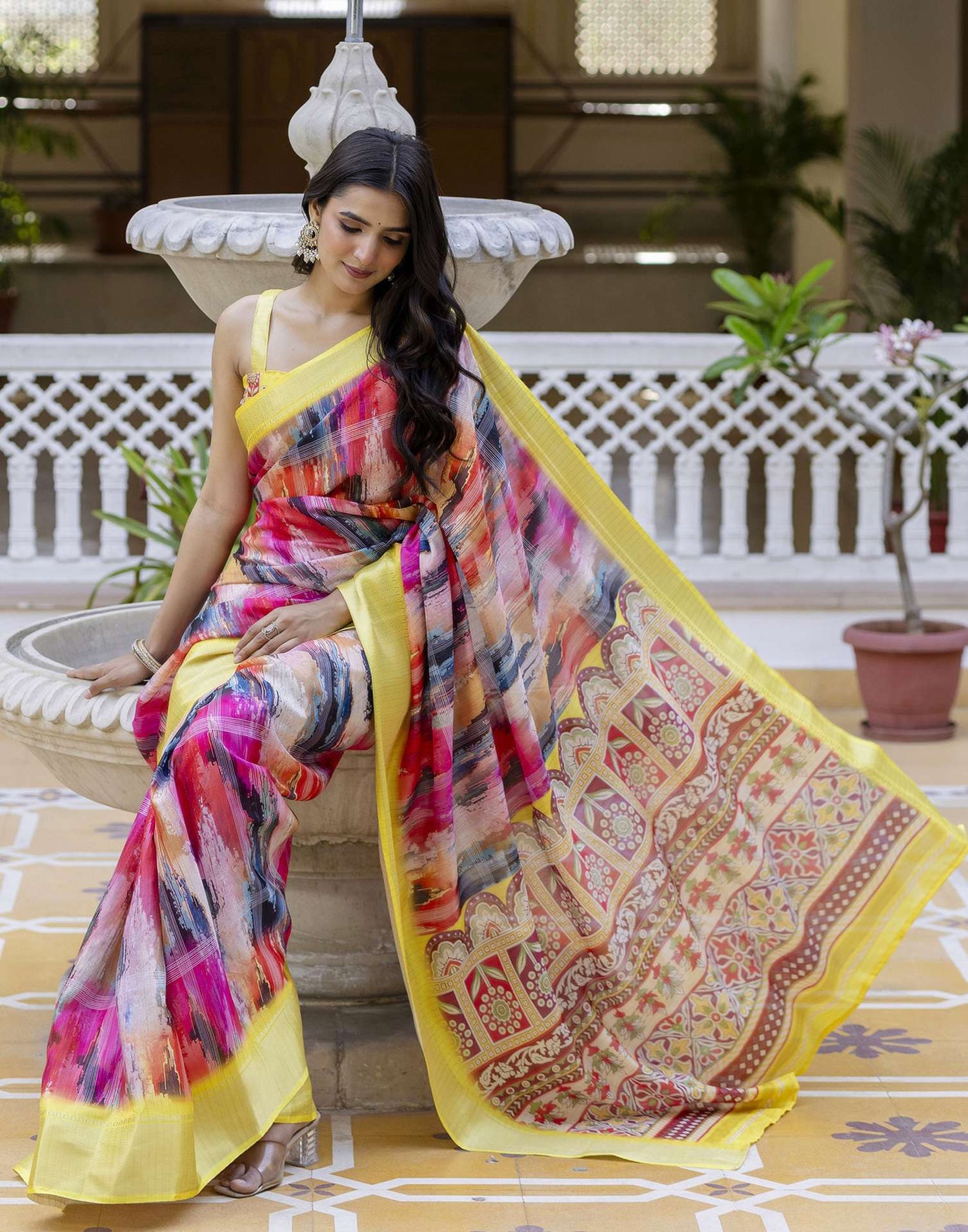 Ready To Wear Multicoloured Dola Silk Printed Saree