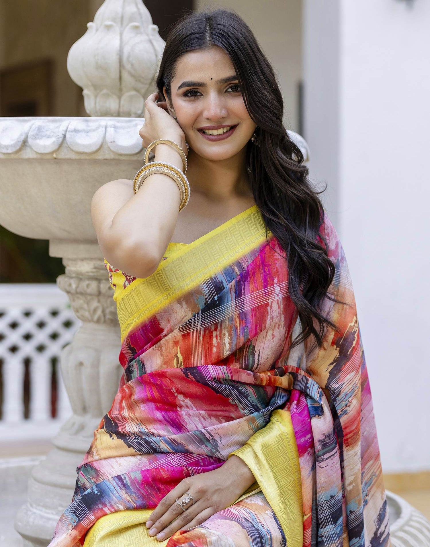 Ready To Wear Multicoloured Dola Silk Printed Saree