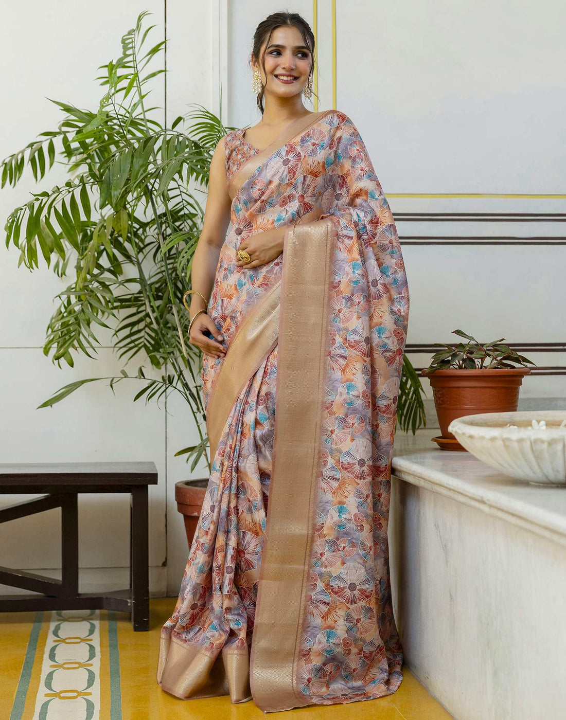 Ready To Wear Light Brown Dola Silk Woven Border Printed Saree