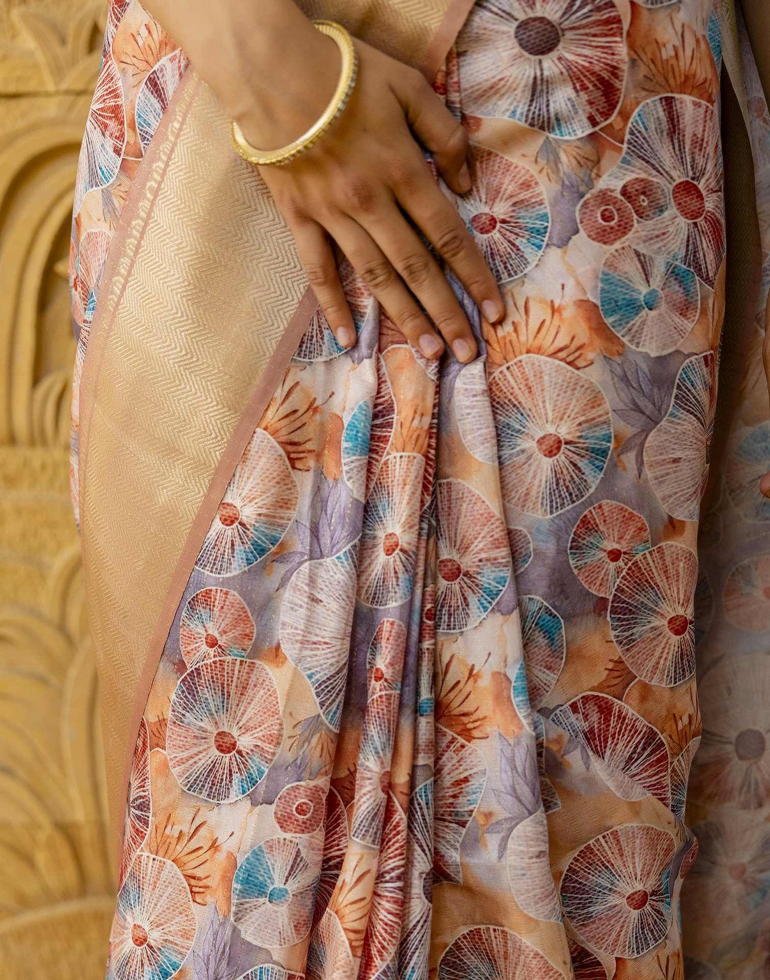 Ready To Wear Light Brown Dola Silk Woven Border Printed Saree