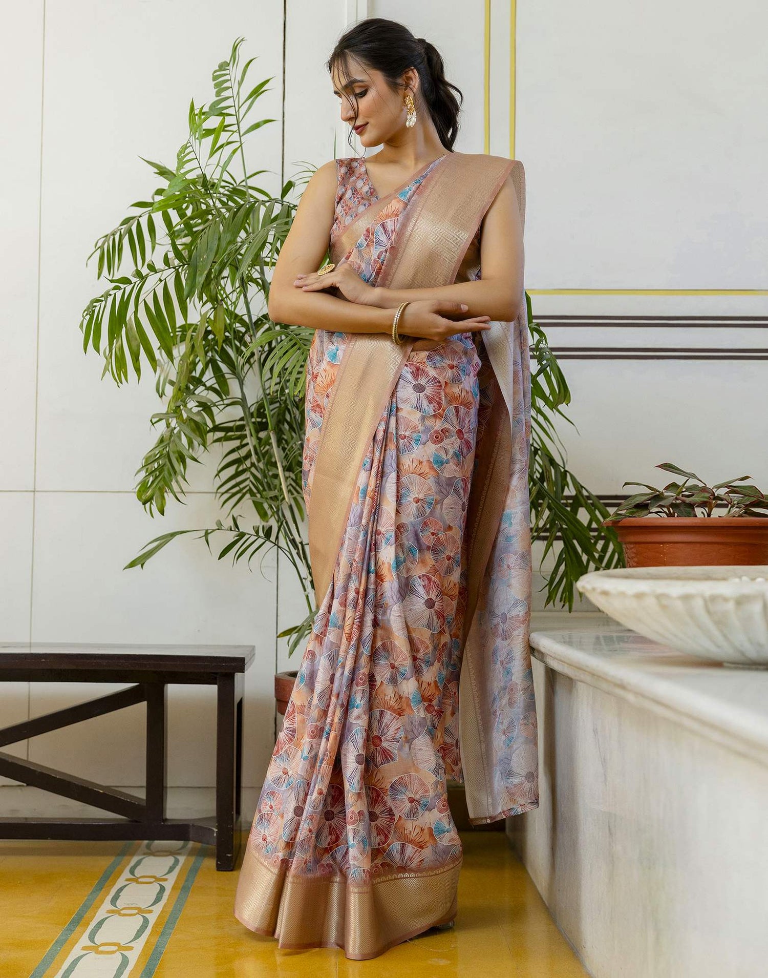 Ready To Wear Light Brown Dola Silk Woven Border Printed Saree