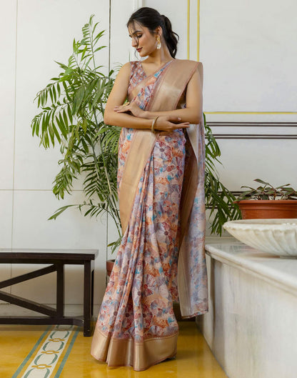 Ready To Wear Light Brown Dola Silk Woven Border Printed Saree