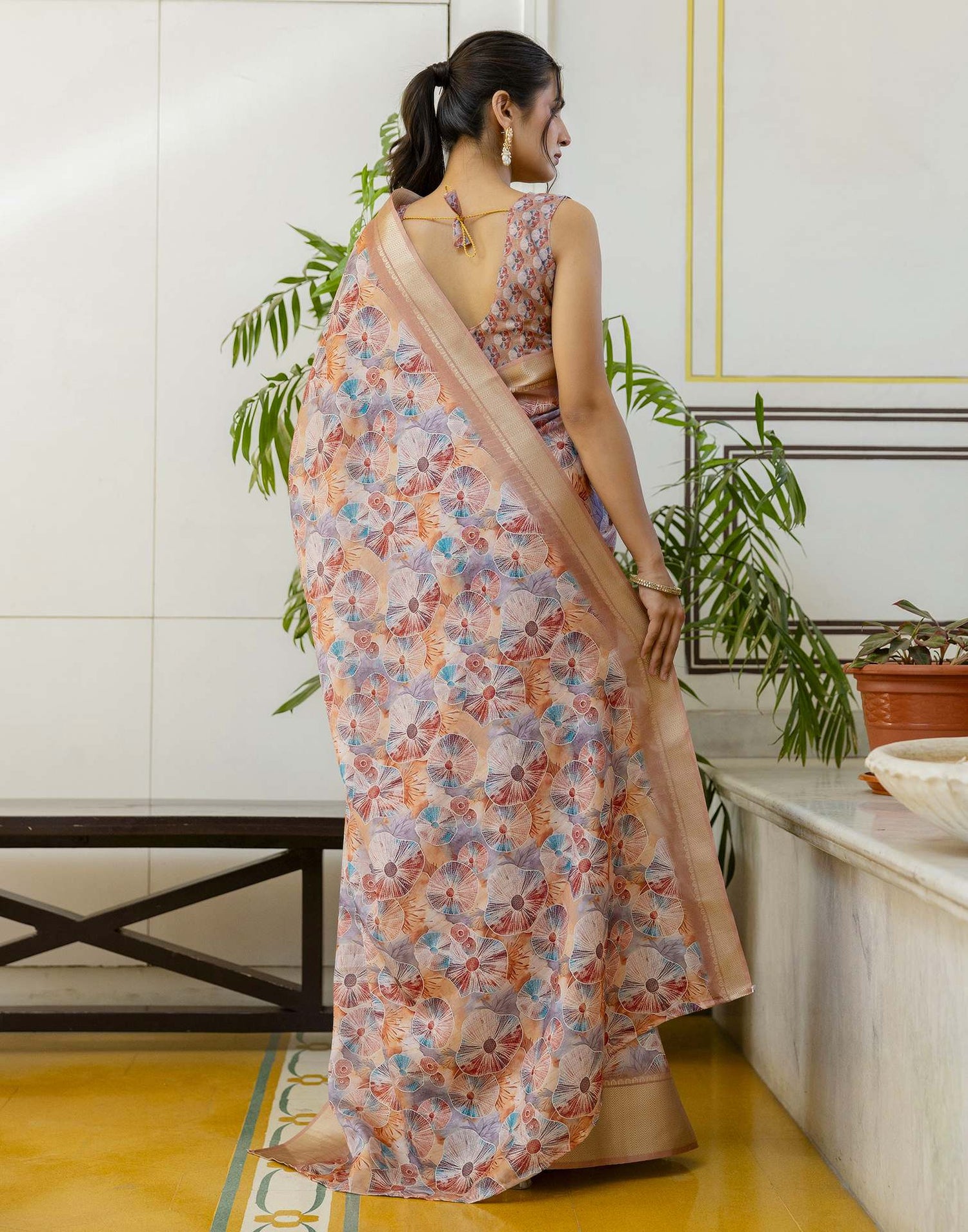 Ready To Wear Light Brown Dola Silk Woven Border Printed Saree