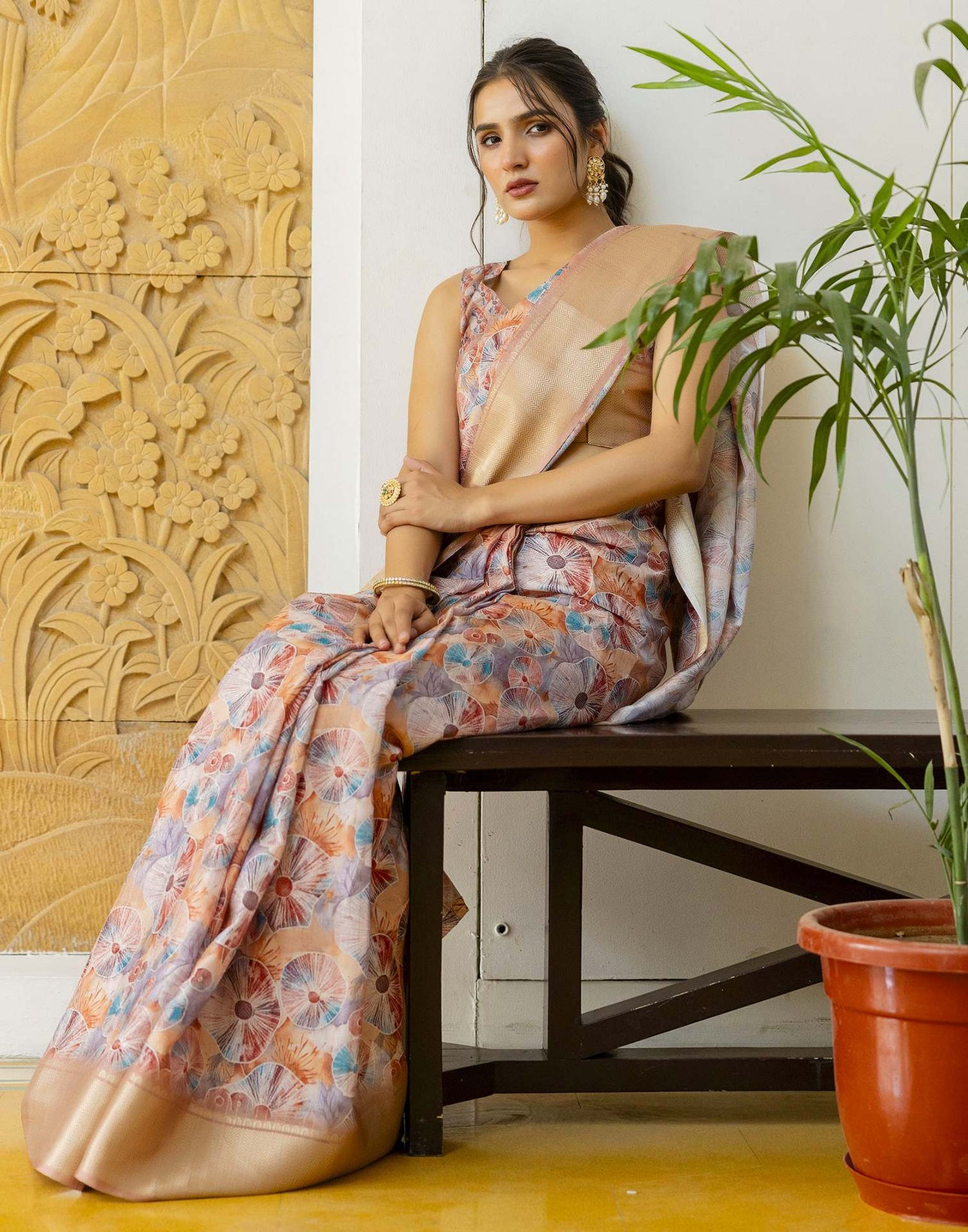 Ready To Wear Light Brown Dola Silk Woven Border Printed Saree