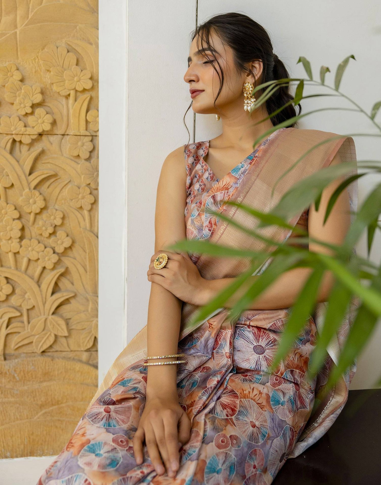 Ready To Wear Light Brown Dola Silk Woven Border Printed Saree